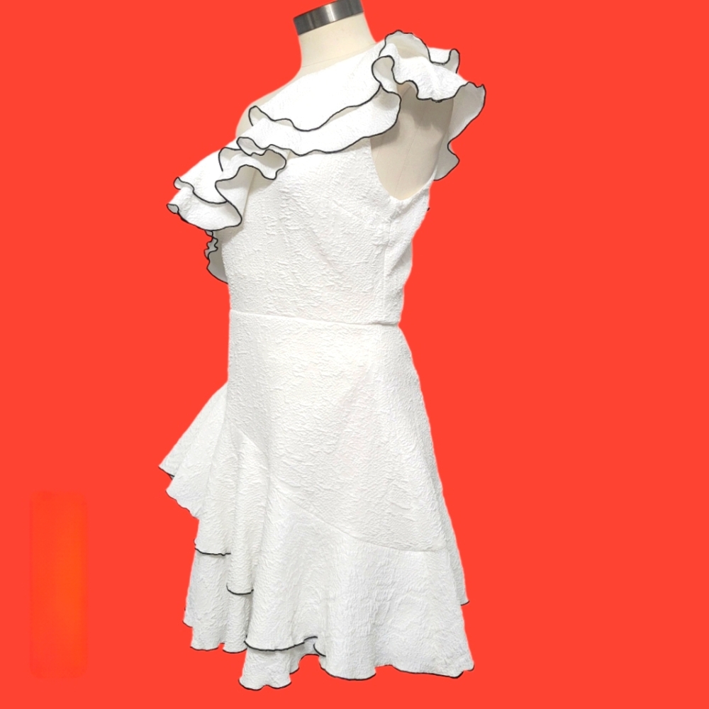 Halston Heritage Women's White Ruff Asymmetric One-shoulder Dress Size 4 - Picture 3 of 11